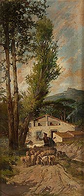 "Landscape with shepherd and flock"