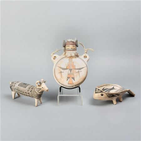 Group of Three Figures: Black on White Mimbres Frog Figure + Black on White Pottery Ram Figure + Mana Katsina Girl, ca. 2010