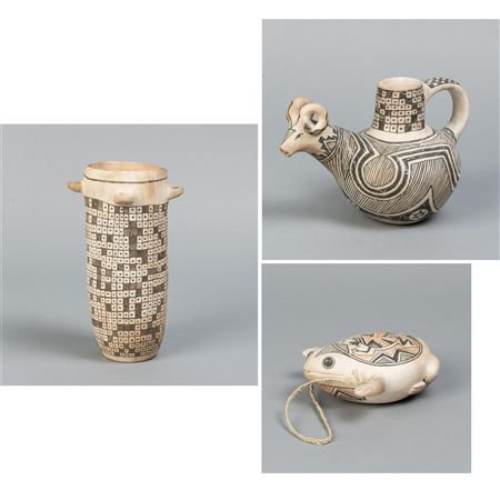 Group of Three Vessels: Tall Vessel, ca. 2000 + Ram Effigy Jar + Frog Effigy Canteen