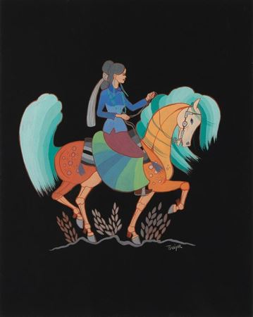 Untitled (Horsewoman) by Andy Van (Andrew) Tsinajinnie - Auction record, sale price, and art valuation. Compare with similar artists and explore comparable artworks.