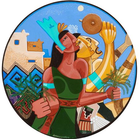 Sample artwork by Michael Kabotie (1942 - 2009), known for petroglyph-geometric imagery painting, murals, jewelry making - View similar artists and auction records