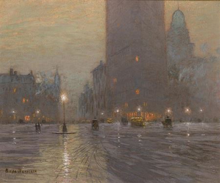 Madison Square Looking Toward the Flatiron Building by Birge (Lovell Birge) Harrison - Auction record, sale price, and art valuation. Compare with similar artists and explore comparable artworks.
