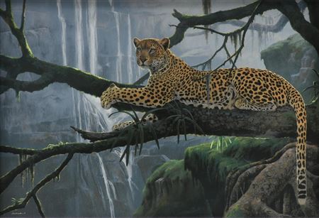 "Leopard in Waterfall Landscape"