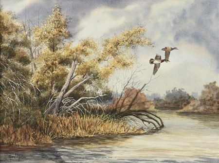 "Mallards in Flight with Storm Approaching"