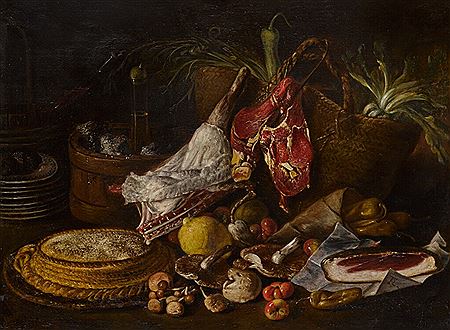 Still life of various meats, mushrooms, and other fruits and vegetables set on a table with a straw basket, a stack of plates, and other items by Tommaso Realfonso - Auction record, sale price, and art valuation. Compare with similar artists and explore comparable artworks.