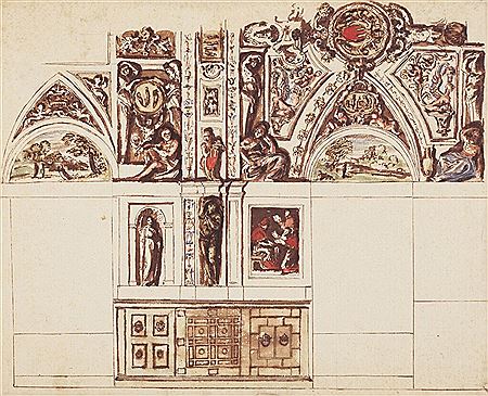 Study for a section of the decoration of a room with a vaulted ceiling, including the coat of arms of Pope Gregory XV (Ludovisi), and the wall below with indications of compartments with wainscoting