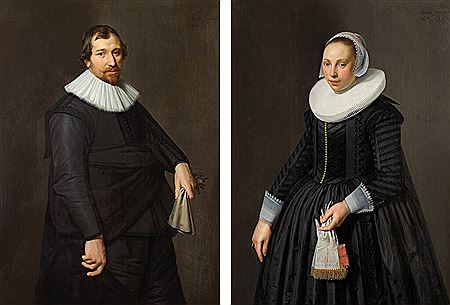 Portrait of a man in black holding a pair of kid leather gloves; Portrait of a lady in black holding a pair of kid leather and coral silk gloves