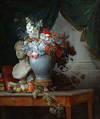 Still life of flowers in a vase on a table beside a bust of Flora, with fruit and other objects with a curtain beyond