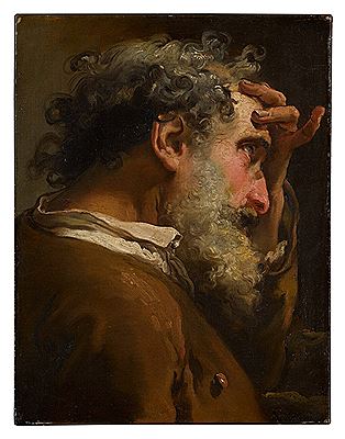 A bearded man, bust-length in profile, wearing a brown coat
