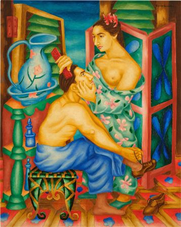 Sample artwork by Cundo Bermudez (1914 - 2008), known for stylized figural motif painting - View similar artists and auction records
