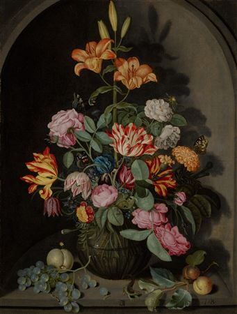 Bouquet of tulips, lilies, and carnations in a glass vase with apples, grapes, a lizard and butterfly, in a stone niche