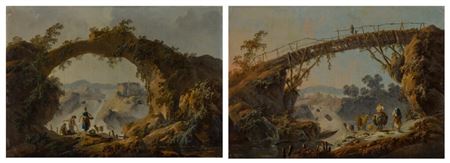 A landscape with shepherds beneath an imaginary stone arch; A landscape with travelers beneath an old wooden bridge (2)