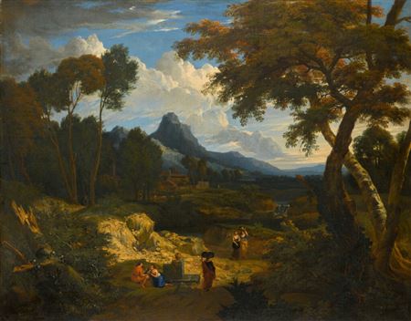 An Italianate landscape with classical figures, a waterfall and a town beyond