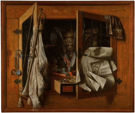 A trompe-l’œil still life of a half-open cupboard with gilded vessels, writing implements, a recorder, gold coins, a trumpet and drawings, in a painted frame