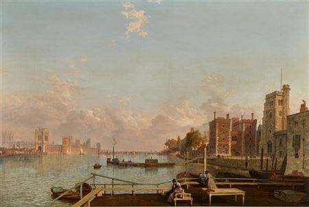 London, a view of the Thames with the new Palace of Westminster under construction - Day
