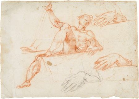 Reclining Male Nude; Separate Studies of his Left Leg and Left Hand