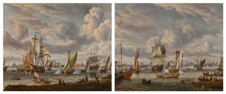 Pair - Rotterdam, a view of shipping on the Nieuwe Maas river, taken from the south-east; Amsterdam, a view of shipping on the IJ, taken from the north-east
