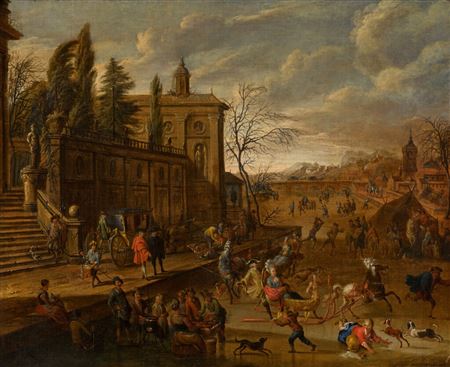 Winter landscape with figures skating and sledging on a frozen canal before an Italianate terrace, a town beyond