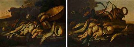A pair of still lifes of saltwater fish, shells and crustaceans on a stone ledge