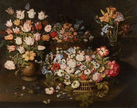 Still life of tulips and an apothecary's rose in a stoneware vase...