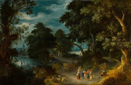 A wooded river landscape with travellers and peasants on a path, men in a boat and a village beyond by Abraham Govaerts - Auction record, sale price, and art valuation. Compare with similar artists and explore comparable artworks.