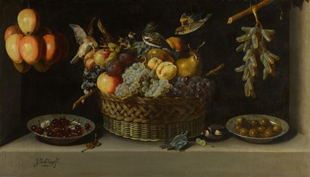 Still life with a basket of fruit with two plates of fruit and birds, all on a stone ledge
