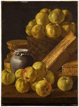 Still life of apples in a basket and upon a table, together with boxes of sweetmeats and a honey jar