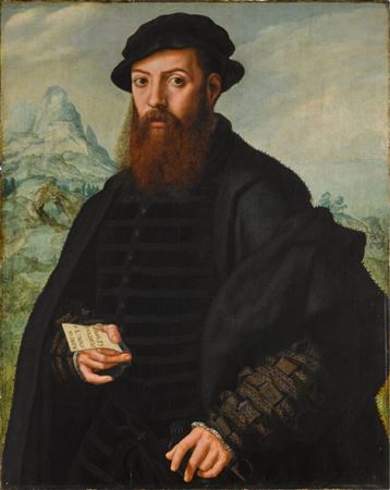 Portrait of a bearded gentleman, aged 34, in front of an extensive landscape