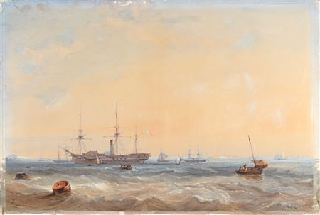 View of the port of Cherbourg with a three-masted paddle steamer, sailboats and barks by Antoine Desire Heroult - Auction record, sale price, and art valuation. Compare with similar artists and explore comparable artworks.