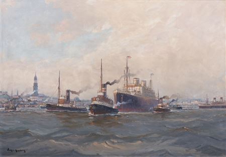 Steam ship in the port of Hamburg