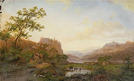 Landscape with a hunter on horseback and dog; Landscape with a Moor leading a young man