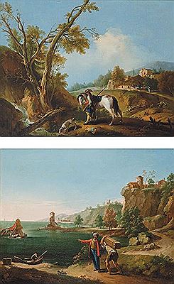 Landscape with a hunter on horseback and dog Landscape with a Moor leading a young man