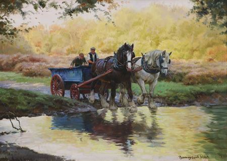 Two shire horses pulling a cart at twilight