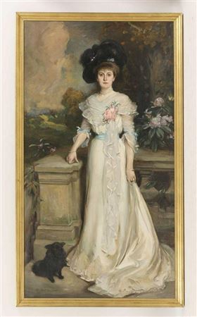 Portrait of Mrs C H B Forth, full-length, in a white dress, standing on a terrace, a dog at her feet