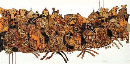 Sample artwork by Sadegh Tabrizi (1939 - 2017), known for iranian modern art forms of figures, calligraphy, architecture elements, painting - View similar artists and auction records