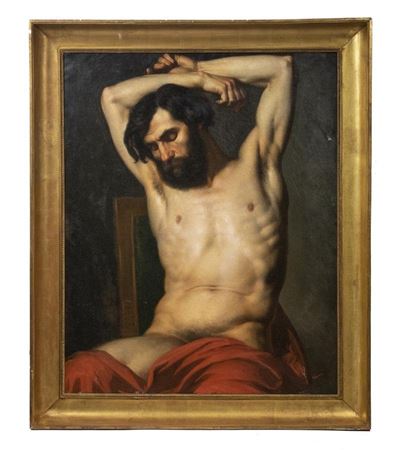 Man Nude to Waist, Arms over Head