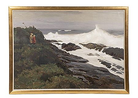 Two Children in Slickers on Rocky Shore in Storm