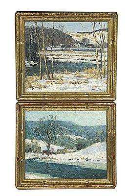 A Pair of Winter Landscapes featuring streams, farms and low mountains