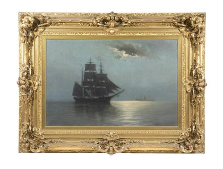 Nocturnal Marine Portrait, a Sailing Ship Passing a Tramp Steamer in Fog