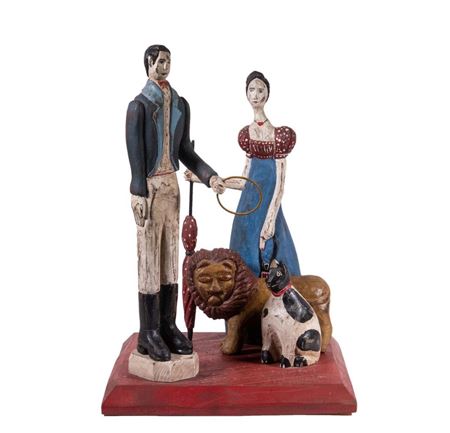 Folk Art Tabletop Circus Act with Man & Woman in 1890's costume, having a lion & cat
