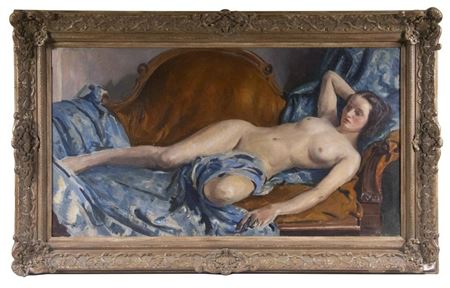 Reclining Nude Reclining on Victorian Sofa with Blue Drape