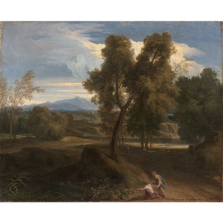 Landscape with two young women picking flowers