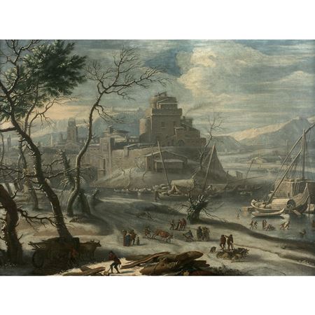 Winter landscape with wood collectors