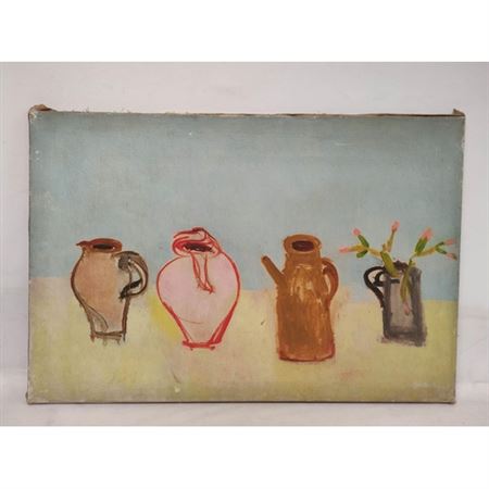 Still life of flowers, jugs and vases.