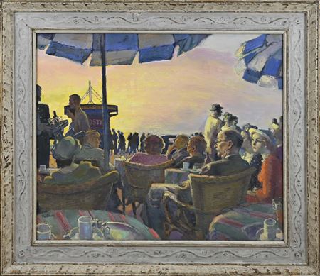 Beach terrace with setting sun, figures and kiosk