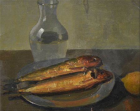 Still Life of Kippers, a lemon and a carafe of water