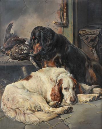 A study of two Setters at rest after a day in the field