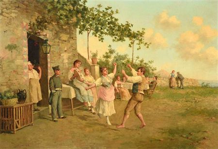 Dancing couple outside a trattoria with a view of the Bay of Naples beyond by Luigi Scorrano - Auction record, sale price, and art valuation. Compare with similar artists and explore comparable artworks.