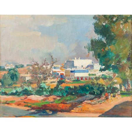 A landscape with building and figures
