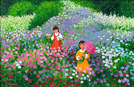 Untitled scene of girls picking flowers